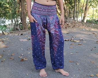 Purple-blue feather printed summer pants with elastic band no.P69 - Harem Pump Yoga Goa Aladdin Hippy Boho Gypsy Ballon Baggy pants