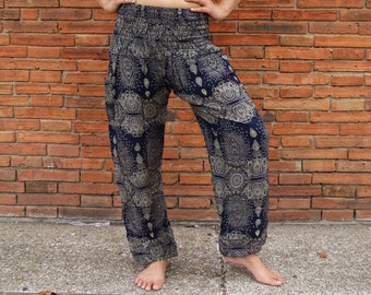 Dark blue waterdrops printed summer pants with elastic band no.P39 - Harem Pump Yoga Goa Aladdin Hippy Boho Gypsy Ballon Baggy pants