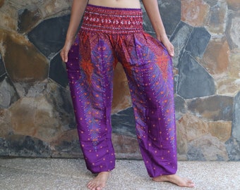 Purple feather printed summer pants with elastic band no.P45 - Harem Pump Yoga Goa Aladdin Hippy Boho Gypsy Ballon Baggy pants