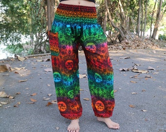 Colorful elephant printed summer pants with elastic band no.P66 - Harem Pump Yoga Goa Aladdin Hippy Boho Gypsy Ballon Baggy pants