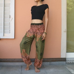 Olive green floral printed summer pants with elastic band no.P11 Harem Pump Yoga Goa Aladdin Hippy Boho Gypsy Ballon Baggy pants image 1