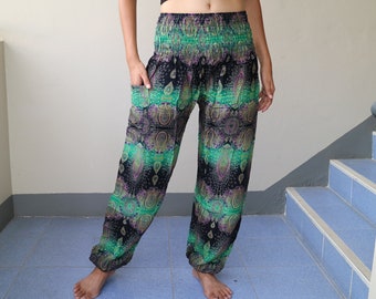 Green waterdrops printed summer pants with elastic band no.P49 - Harem Pump Yoga Goa Aladdin Hippy Boho Gypsy Ballon Baggy pants