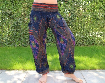 Dark blue floral printed summer pants with elastic band no.P20 - Harem Pump Yoga Goa Aladdin Hippy Boho Gypsy Ballon Baggy pants