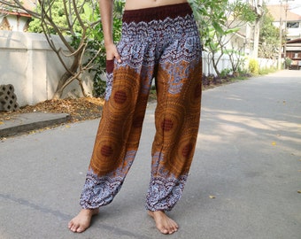 Braune Sommerhose mit Mandala-Blumenmuster und Elastikbund - Harem Pump Yoga Goa Aladdin Hippy Boho Gypsy Ballon Baggy Hose aus Viskose