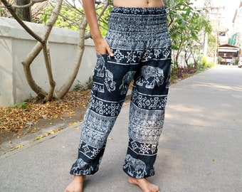 Black-blue Elephant printed summer pants with elastic band no.P75 - Harem Pump Yoga Goa Aladdin Hippy Boho Gypsy Ballon Baggy pants
