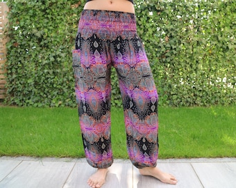 Purple waterdrops printed summer pants with elastic band no.P30 - Harem Pump Yoga Goa Aladdin Hippy Boho Gypsy Ballon Baggy pants