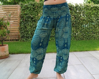 Green waterdrops printed summer pants with elastic band no.P34 - Harem Pump Yoga Goa Aladdin Hippy Boho Gypsy Ballon Baggy pants