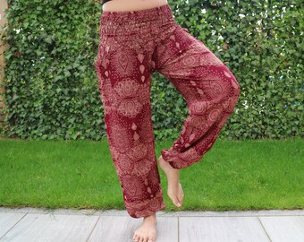 Dunkelrote Sommerhose mit Tropfenmuster und Elastikbund - Harem Pump Yoga Goa Aladdin Hippy Boho Gypsy Ballon Baggy Hose aus Viskose