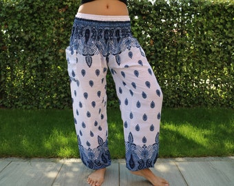 Weiße Sommerhose mit Tropfenmuster und Elastikbund - Harem Pump Yoga Goa Aladdin Hippy Boho Gypsy Ballon Baggy Hose aus Viskose