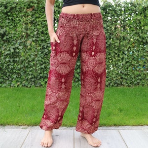 Pantalon d'été rouge foncé imprimé gouttes d'eau avec bande élastique n P33 Sarouel Pump Yoga Goa Aladdin Hippy Boho Gypsy Ballon Baggy image 5