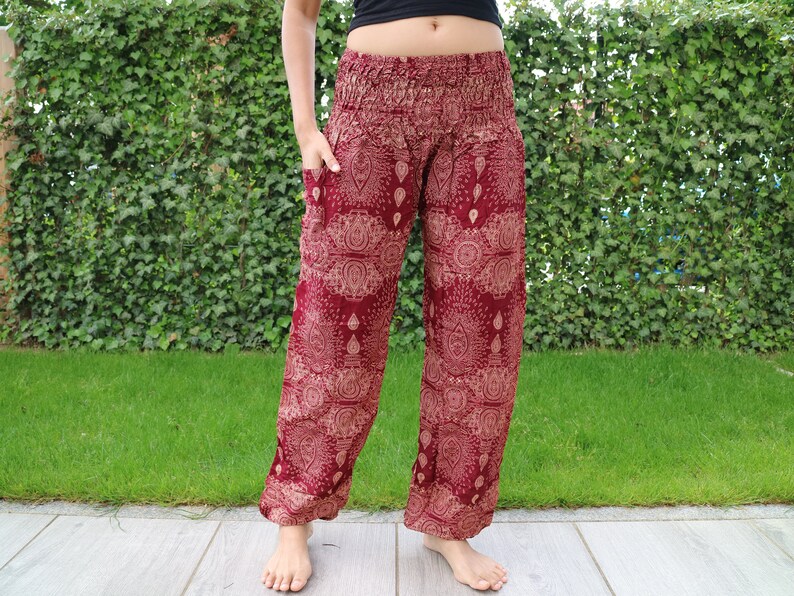 Pantalon d'été rouge foncé imprimé gouttes d'eau avec bande élastique n P33 Sarouel Pump Yoga Goa Aladdin Hippy Boho Gypsy Ballon Baggy image 5