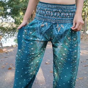 Türkise Sommerhose mit Federmuster und Elastikbund Harem Pump Yoga Goa Aladdin Hippy Boho Gypsy Ballon Baggy Hose aus Viskose Bild 8