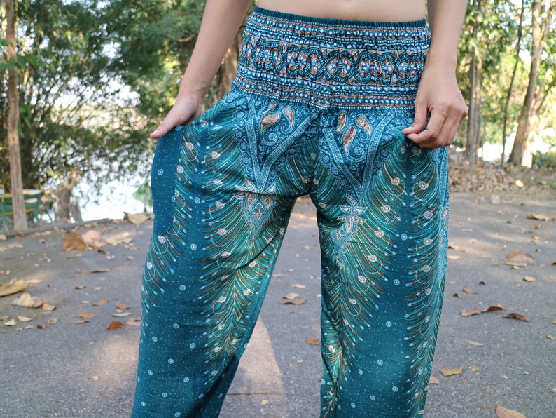 Türkise Sommerhose mit Federmuster und Elastikbund Harem Pump Yoga Goa Aladdin Hippy Boho Gypsy Ballon Baggy Hose aus Viskose Bild 8