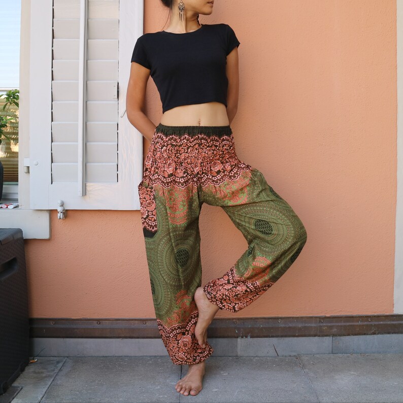 Olive green floral printed summer pants with elastic band no.P11 Harem Pump Yoga Goa Aladdin Hippy Boho Gypsy Ballon Baggy pants image 7