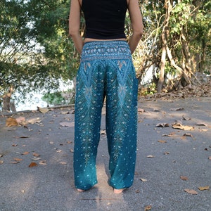 Türkise Sommerhose mit Federmuster und Elastikbund Harem Pump Yoga Goa Aladdin Hippy Boho Gypsy Ballon Baggy Hose aus Viskose Bild 2