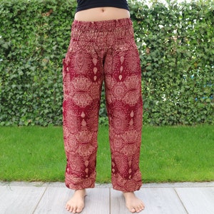 Pantalon d'été rouge foncé imprimé gouttes d'eau avec bande élastique n P33 Sarouel Pump Yoga Goa Aladdin Hippy Boho Gypsy Ballon Baggy image 3