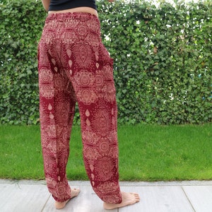 Pantalones de verano con estampado de gotas de agua de color rojo oscuro con banda elástica no.P33 Harem Pump Yoga Goa Aladdin Hippy Boho Gypsy Ballon Baggy pantalones imagen 4