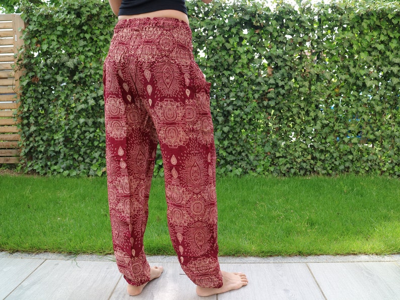 Pantalon d'été rouge foncé imprimé gouttes d'eau avec bande élastique n P33 Sarouel Pump Yoga Goa Aladdin Hippy Boho Gypsy Ballon Baggy image 4