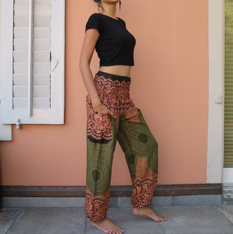 Olive green floral printed summer pants with elastic band no.P11 Harem Pump Yoga Goa Aladdin Hippy Boho Gypsy Ballon Baggy pants image 8