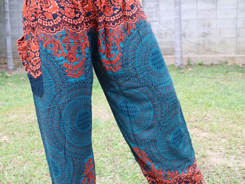 Blau-Orange Sommerhose mit Blumenmuster und Elastikbund Harem Pump Yoga Goa Aladdin Hippy Boho Gypsy Ballon Baggy Hose aus Viskose Bild 8