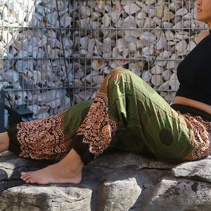 Olive green floral printed summer pants with elastic band no.P11 Harem Pump Yoga Goa Aladdin Hippy Boho Gypsy Ballon Baggy pants image 3