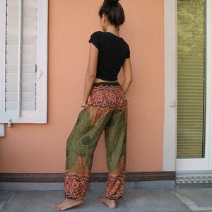 Olive green floral printed summer pants with elastic band no.P11 Harem Pump Yoga Goa Aladdin Hippy Boho Gypsy Ballon Baggy pants image 9