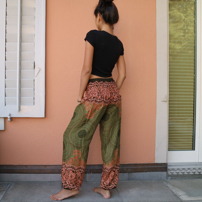 Olive green floral printed summer pants with elastic band no.P11 Harem Pump Yoga Goa Aladdin Hippy Boho Gypsy Ballon Baggy pants image 9