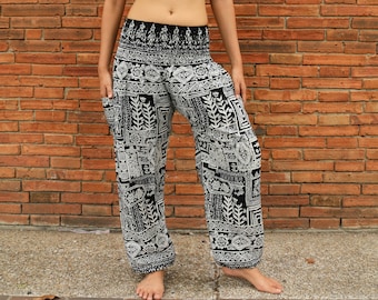 White Ban-Chiang printed summer pants with elastic band no.P43 - Harem Pump Yoga Goa Aladdin Hippy Boho Gypsy Ballon Baggy pants