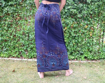 Dunkel Blauer Strandrock mit Pfauenmuster - Wickelrock Schnürrock Sarong Pareo Sommerrock Baderock Hippie Boho Maxirock Hüfttuch Viskose