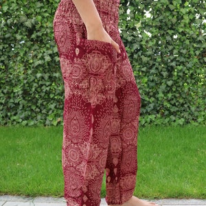 Dunkelrote Sommerhose mit Tropfenmuster und Elastikbund Harem Pump Yoga Goa Aladdin Hippy Boho Gypsy Ballon Baggy Hose aus Viskose Bild 2