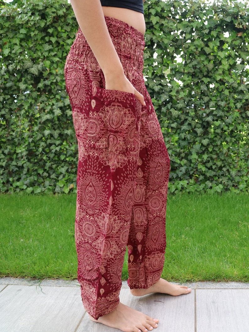 Pantalon d'été rouge foncé imprimé gouttes d'eau avec bande élastique n P33 Sarouel Pump Yoga Goa Aladdin Hippy Boho Gypsy Ballon Baggy image 2