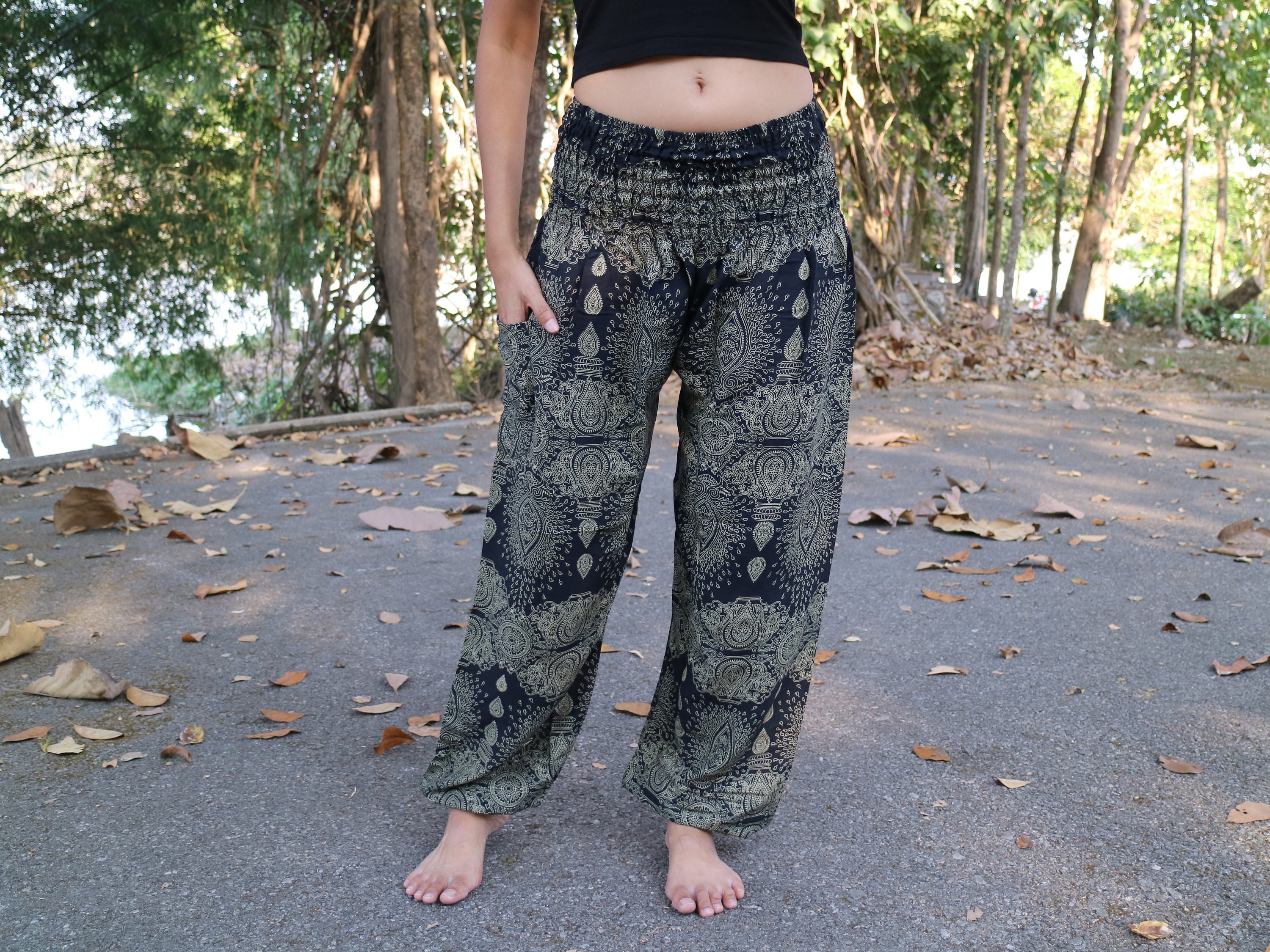 Black waterdrops printed summer pants with elastic band no.P67 - Harem Pump Yoga Goa Aladdin Hippy Boho Gypsy Ballon Baggy pants