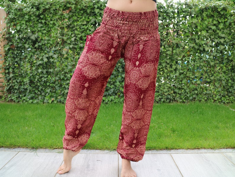 Pantalones de verano con estampado de gotas de agua de color rojo oscuro con banda elástica no.P33 Harem Pump Yoga Goa Aladdin Hippy Boho Gypsy Ballon Baggy pantalones imagen 8