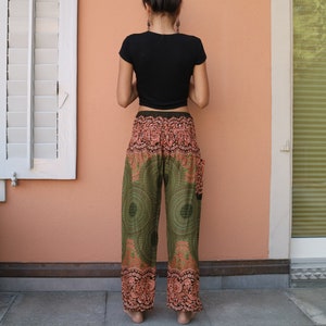 Olive green floral printed summer pants with elastic band no.P11 Harem Pump Yoga Goa Aladdin Hippy Boho Gypsy Ballon Baggy pants image 4