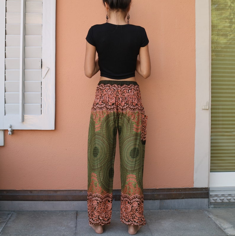 Olive green floral printed summer pants with elastic band no.P11 Harem Pump Yoga Goa Aladdin Hippy Boho Gypsy Ballon Baggy pants image 4