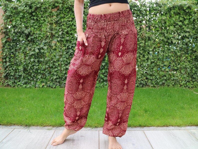 Pantalon d'été rouge foncé imprimé gouttes d'eau avec bande élastique n P33 Sarouel Pump Yoga Goa Aladdin Hippy Boho Gypsy Ballon Baggy image 6