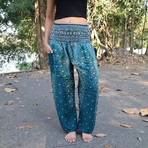 Türkise Sommerhose mit Federmuster und Elastikbund Harem Pump Yoga Goa Aladdin Hippy Boho Gypsy Ballon Baggy Hose aus Viskose Bild 7