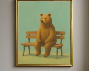 Whimsical Bear on Bench Print Surreal Animal Wall Art Playful Nature Painting