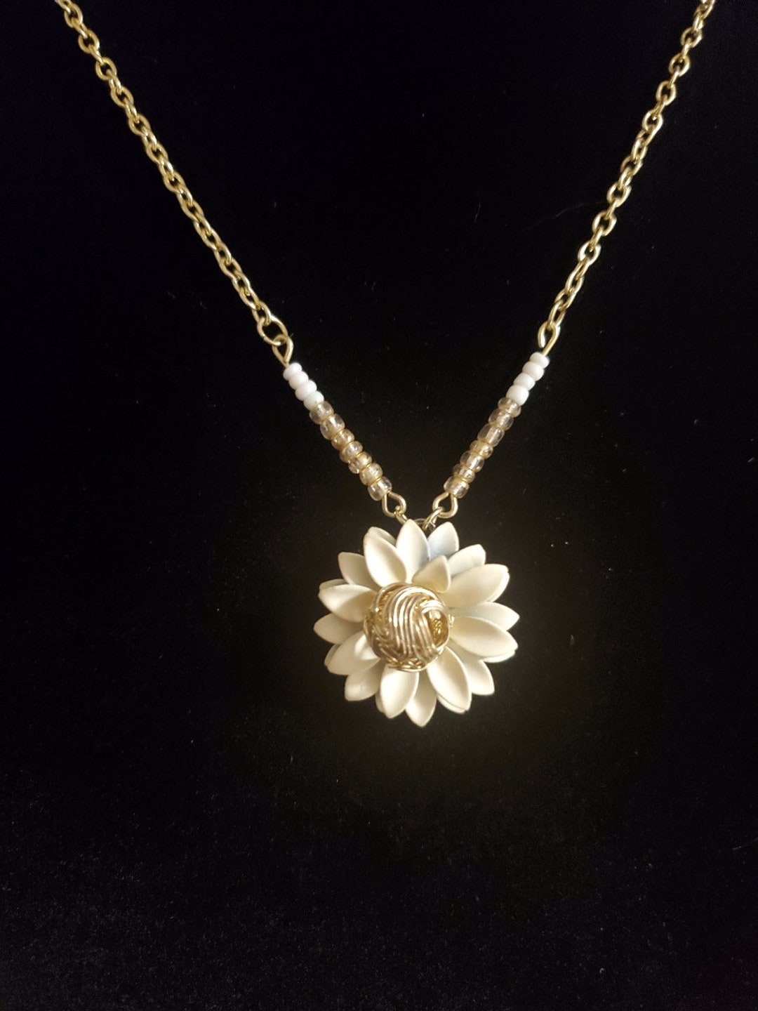 White & Gold Flower Necklace Etsy