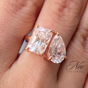 Dreamy 5 CT Radiant Cut & Pear Diamond Toi Et Moi Ring, Two Stone Engagement Ring, Diamond Toi Et Moi Ring, You and Me Ring, 2 Stone Ring