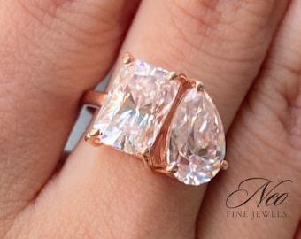 5 CT Radiant & Pear Cut Diamond Toi Et Moi Ring, Two Stone Engagement Ring