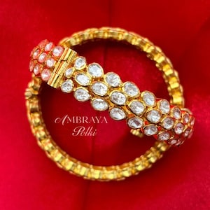 925 Silver Real Moissanite Polki Bangles, Indian Wedding Jewellery, Polki Bangles, Open Polki Bracelet Indian Bridal Jewelry, Kundan Bangles