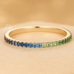 Gradient Eternity Ring, 1.5mm Rainbow Ring, Blue Sapphire, Orange Sapphire, Pink Sapphire, Rainbow Sapphire Ring Dainty Thin Band Solid Gold