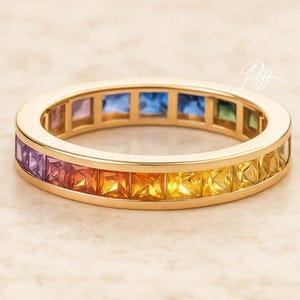 Gradient Eternity Ring,Princess cut Rainbow Ring,Blue Sapphire,Yellow Sapphire,Orange Sapphire,Pink Sapphire,14k Gold Pave Promise Ring Gift