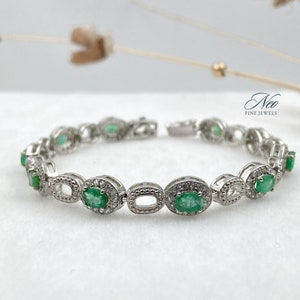Natural Emerald Tennis Bracelet in Sterling Silver, May Birthstone Bracelet, Emerald Bracelet for Women, Genuine Emerald Bracelet for Her