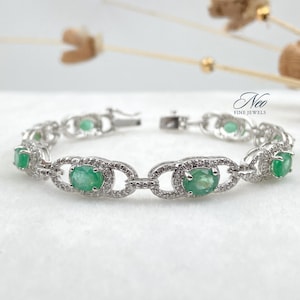 Natural Emerald Tennis Bracelet in Sterling Silver, May Birthstone Bracelet, Emerald Bracelet for Women, Genuine Emerald Bracelet for Her