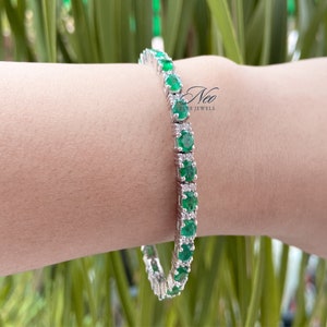 Natural Emerald Tennis Bracelet in Sterling Silver, May Birthstone Bracelet, Emerald Bracelet for Women, Genuine Emerald Bracelet for Her