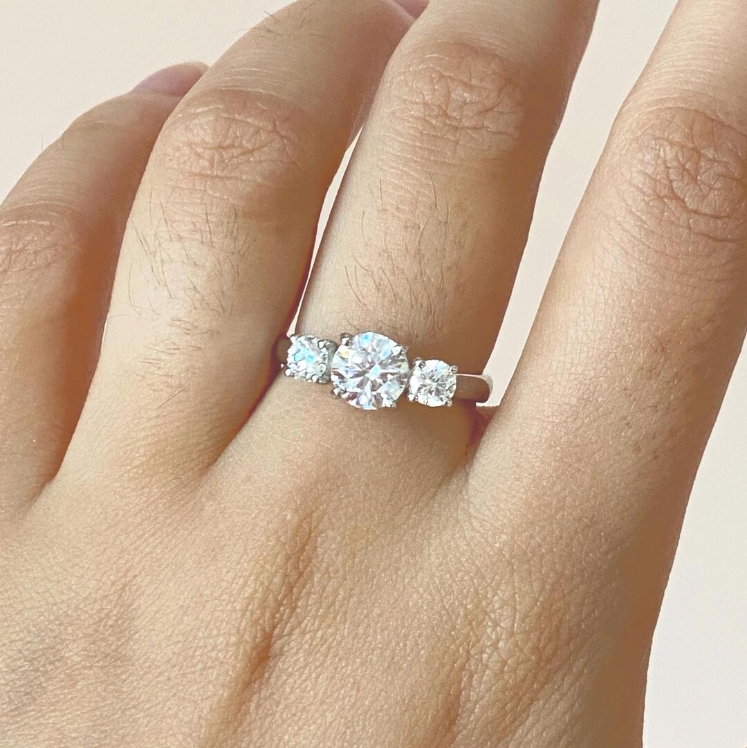 Three Stone Lab Grown Diamond Round Engagement Ring, Solid 14k Yellow ...