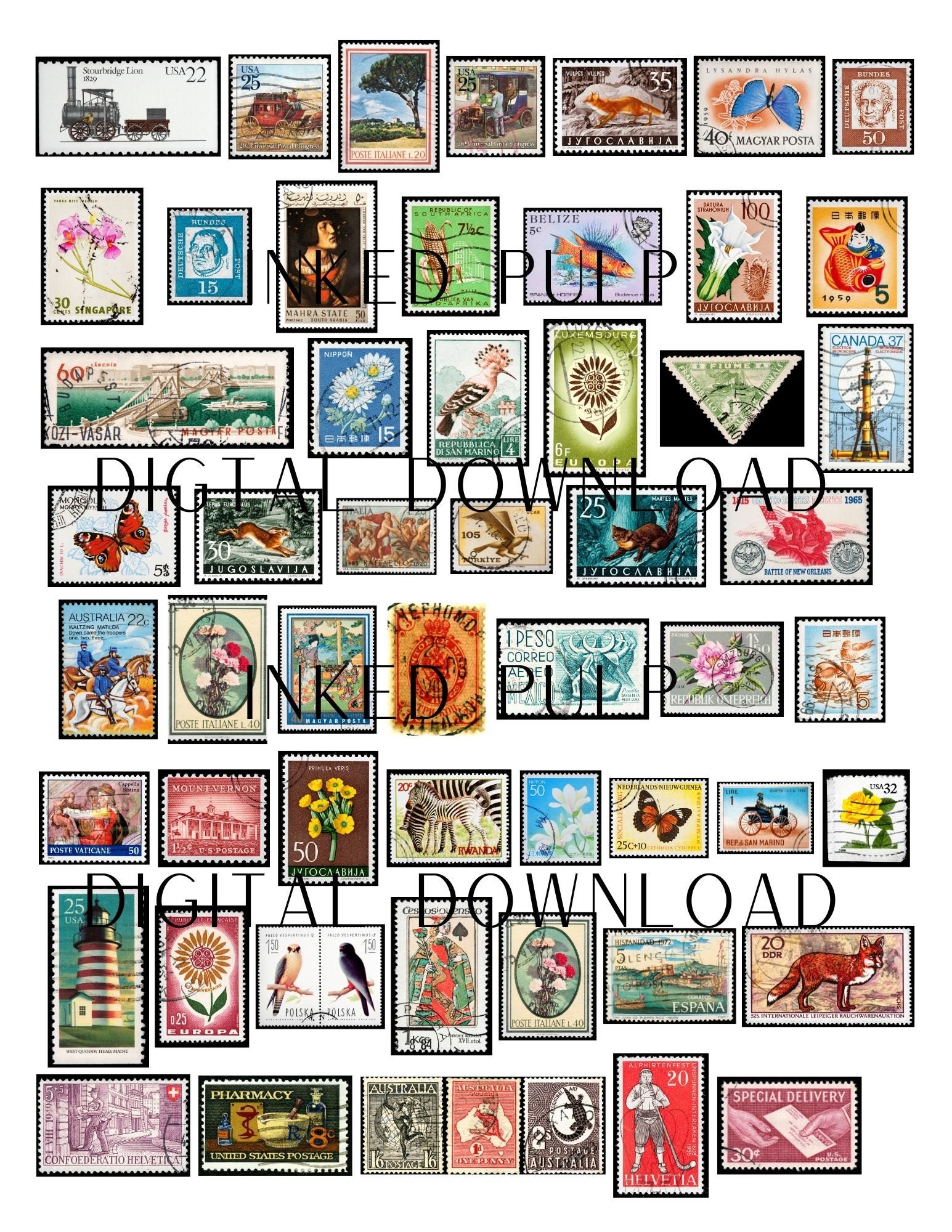 Variety of International Postage Stamps Junk Journal Art Journal Card