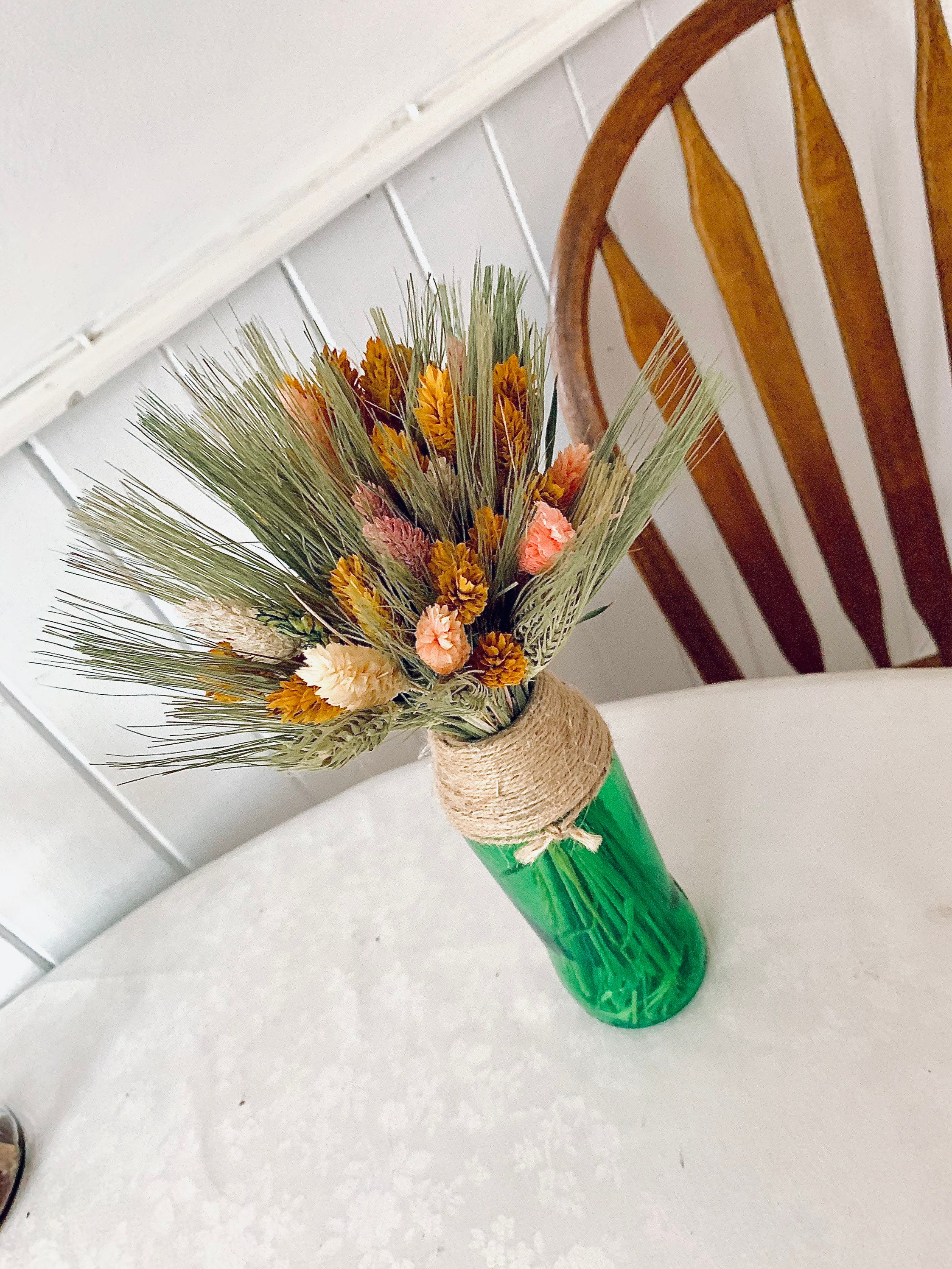 Dried flower bouquet with glass jar jute wrapped vase/ Natural Etsy
